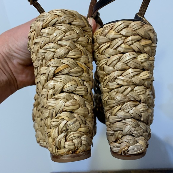 YSL platform wedge sandal black braided straw metallic gold - Picture 7 of 15